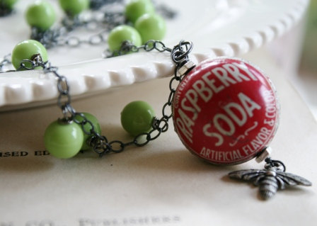 Fanta Raspberry Bottle Cap Necklace - Vintage Bottle Cap Pendant, Vintage Glass, Oxidized Sterling Silver